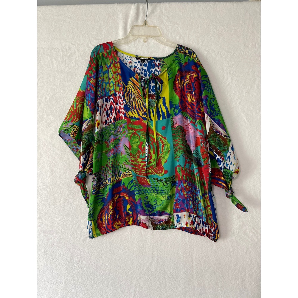 Alberto Makali Womens Large Patchwork Animal Print Keyhole Blouse Top Sz Lg